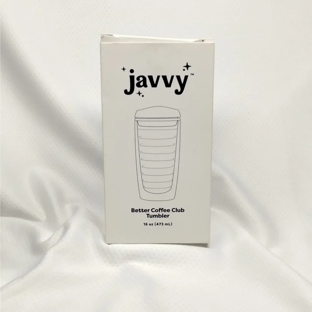 Javvy Better Coffee Club Tumbler 16oz Clear Black Lid Double Wall Iced Drink Cup